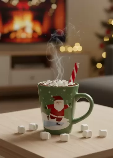 Taza con chocolate caliente y cuchara de bastón de caramelo