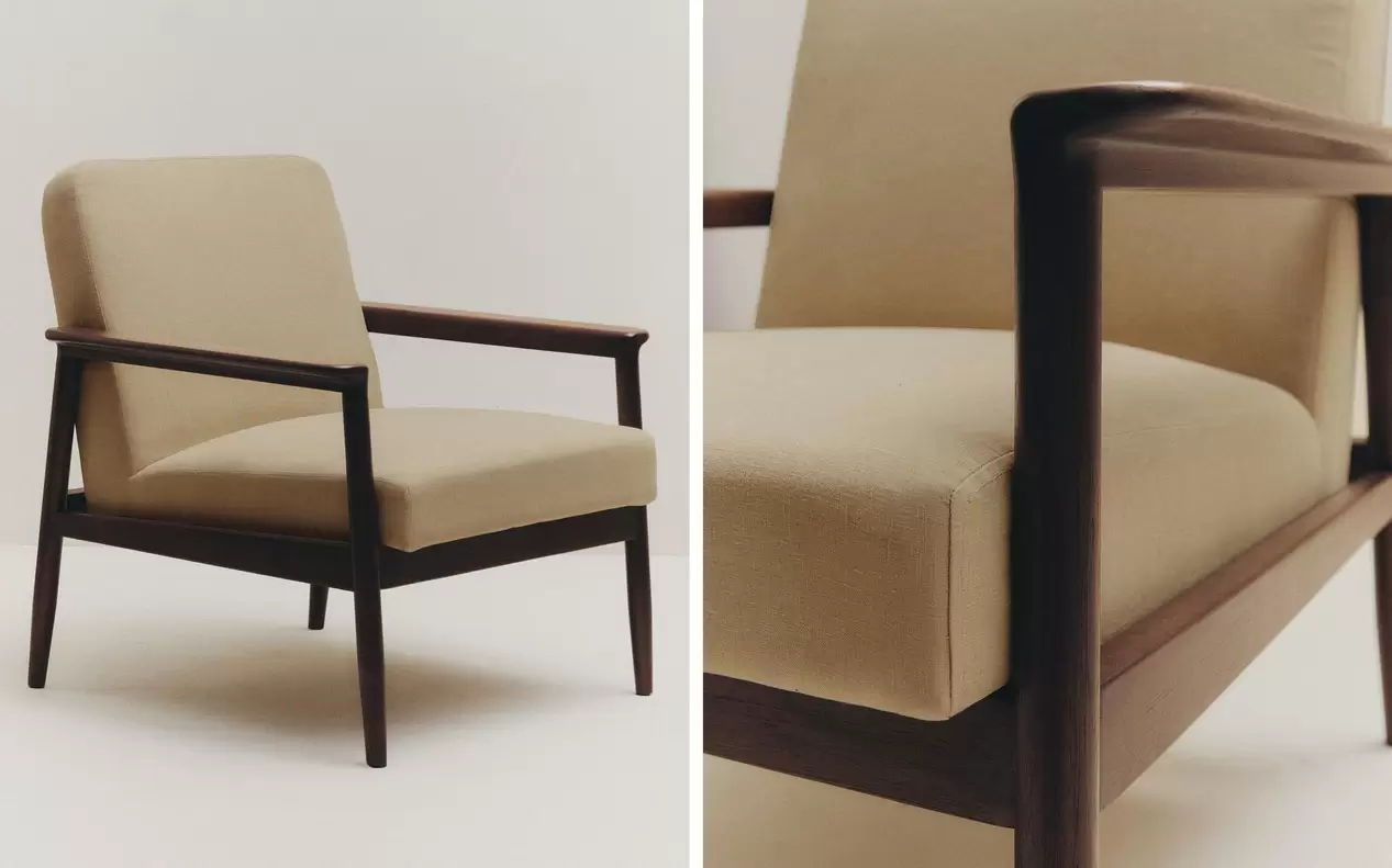 WOOD AND LINEN ACCENT CHAIR