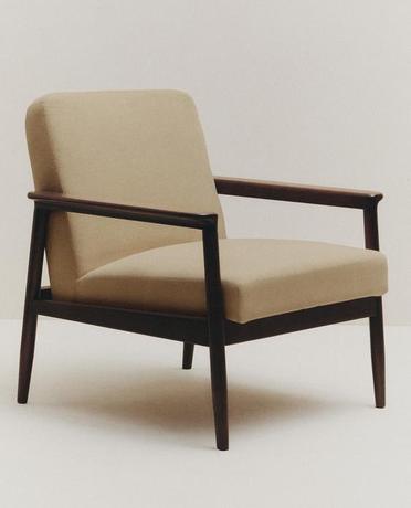 WOOD AND LINEN ACCENT CHAIR