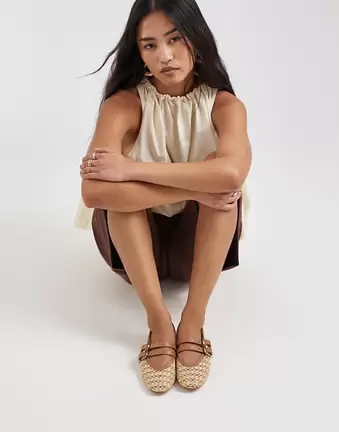 Dolce Vita Baylee woven ballet flats in natural with tan leather straps