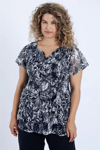 Tunic van plissé kant met bicolor print