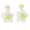 Boucles d'oreilles fleur de tiaré blanche et jaune bouton métal doré L5cm