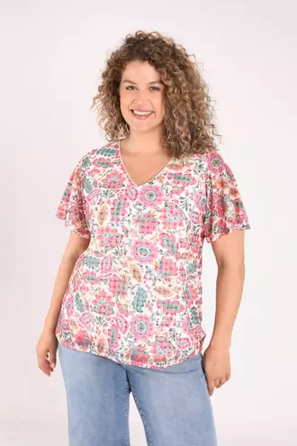 T-shirt van kant met print van Indiase bloemen