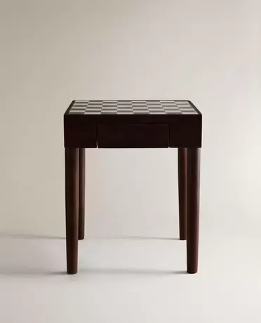 TEAK SIDE TABLE WITH MARBLE CHESS TOP