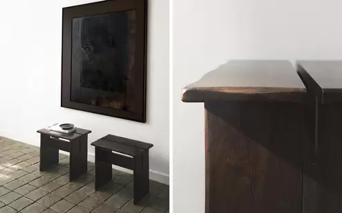 MANGO WOOD SIDE TABLE STAINLESS STEEL AND LEATHER BAR STOOL