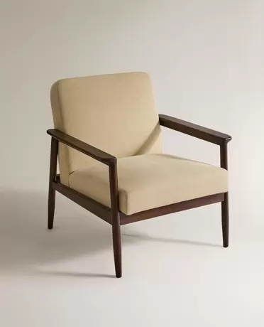 WOOD AND LINEN ACCENT CHAIR
