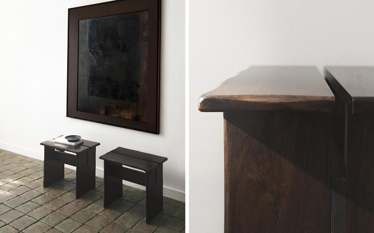 MANGO WOOD SIDE TABLE  STAINLESS STEEL AND LEATHER BAR STOOL