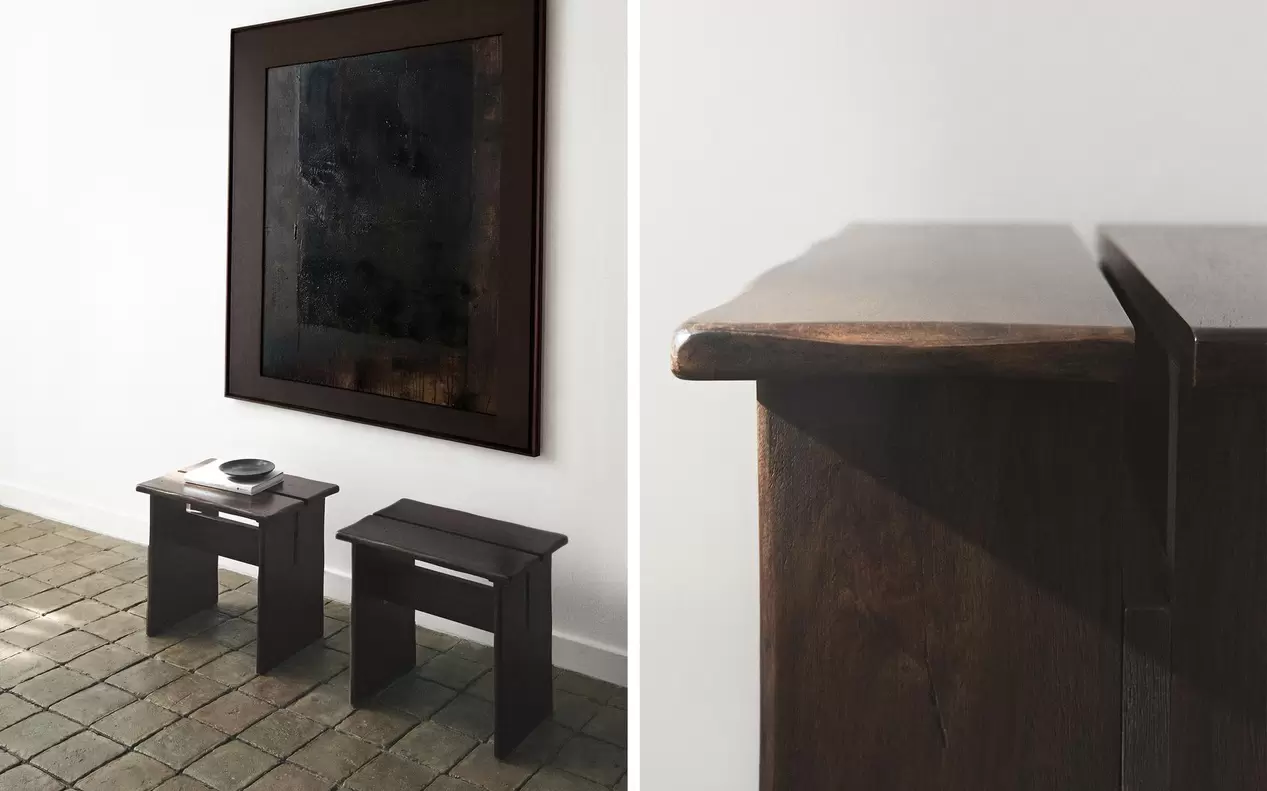 MANGO WOOD SIDE TABLE STAINLESS STEEL AND LEATHER BAR STOOL