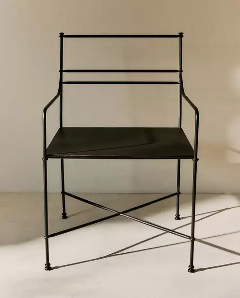 OUTDOOR FORGED METAL ACCENT CHAIR WITH ARMRESTS OUTDOOR FORGED METAL TABLE OUTDOOR FORGED METAL CHAIR