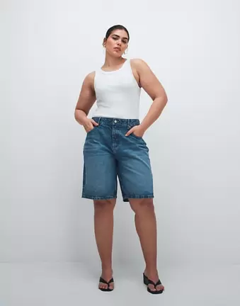 ASOS DESIGN Curve denim bermuda short in mid blue