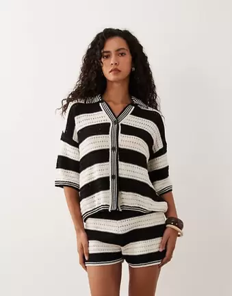 ASOS DESIGN Sally beach knit button through top co ord in mono stripe