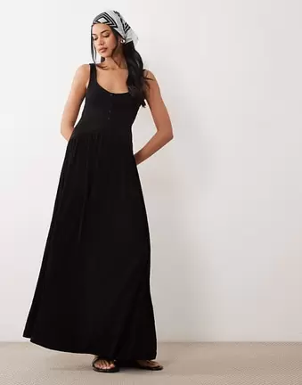 ASOS DESIGN crinkle button through midi dress in black