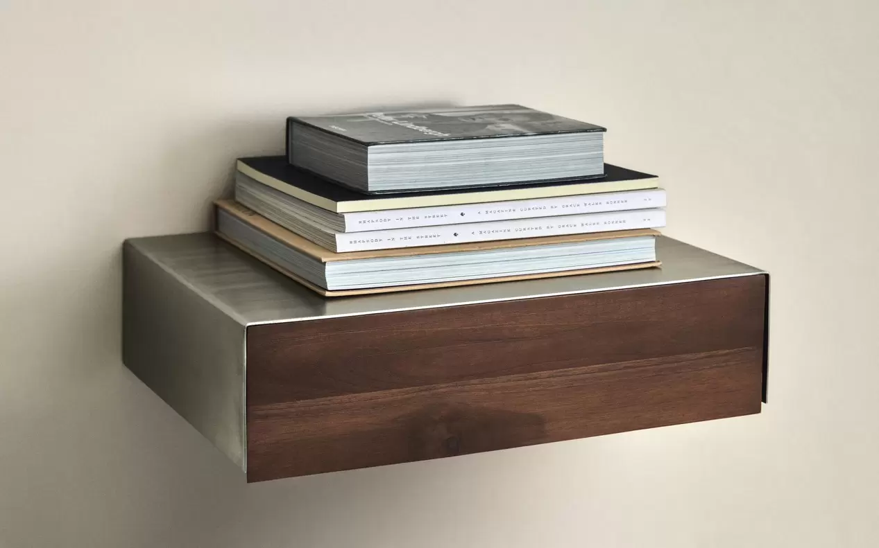 STEEL AND WOOD FLOATING BEDSIDE TABLE
