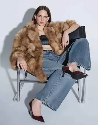 Topshop collarless mid length faux fur coat in multi