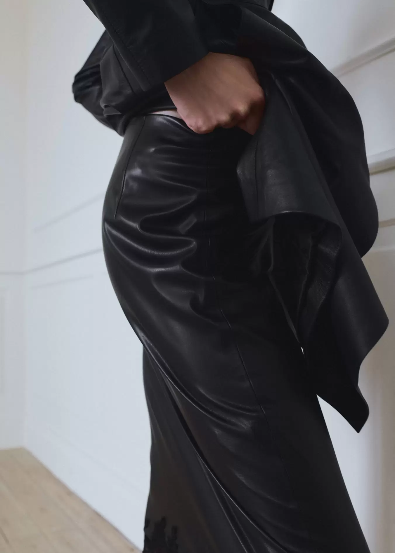 Faux leather skirt with lace trim