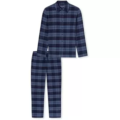 Schiesser pyjama lang Flanell faded denim - 100% katoen - geruit - Maat 48
