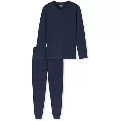 Schiesser lange pyjama Essentials met manchetten diepzeeblauw - 100% katoen - Maat 48