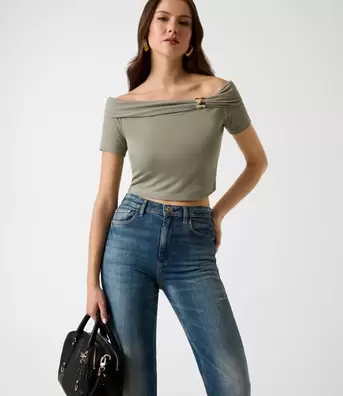 Off-shoulder draped knit top