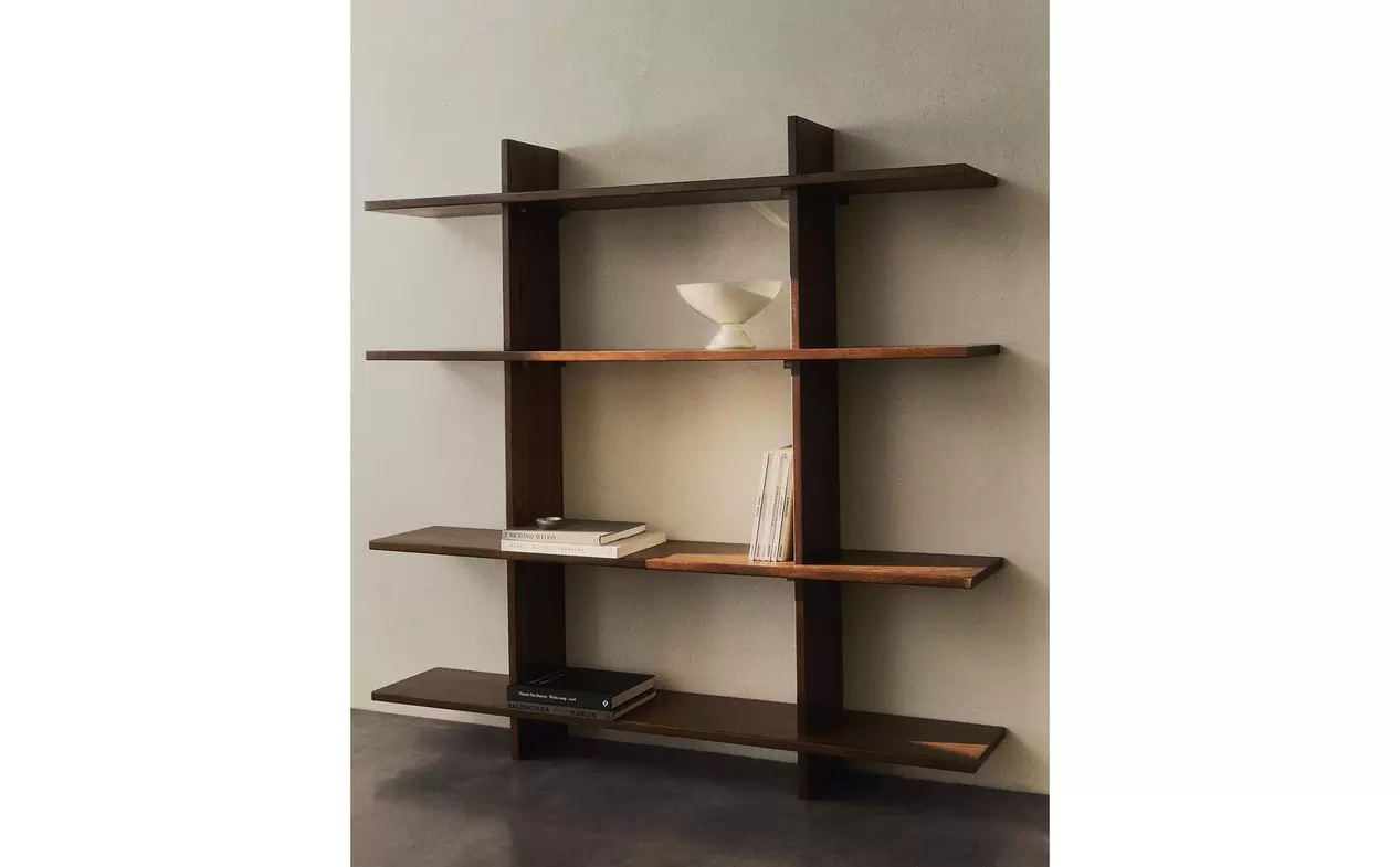 OPEN WOOD, STEEL AND SUEDE SHELVING UNIT