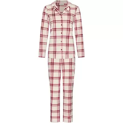 Pastunette pyjama Alpine Creme - doorknoop - velours fleece - creme/rood - Maat 44