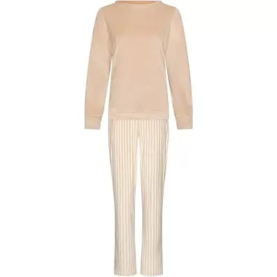 Pastunette pyjama Softness velours fleece beige - lange broek met streepprint - Maat 40