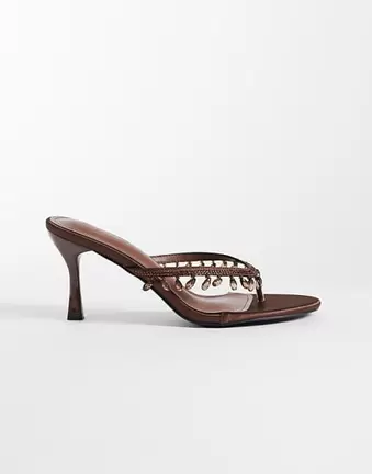 Simmi London heeled toe post sandals in brown embellished