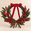 Couronne de Noël artificielle verte, baies dorées et nœud rouge