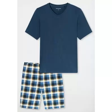 Schiesser pyjama Casual Essentials diepblauw - 100% katoen - geruit - Maat 52
