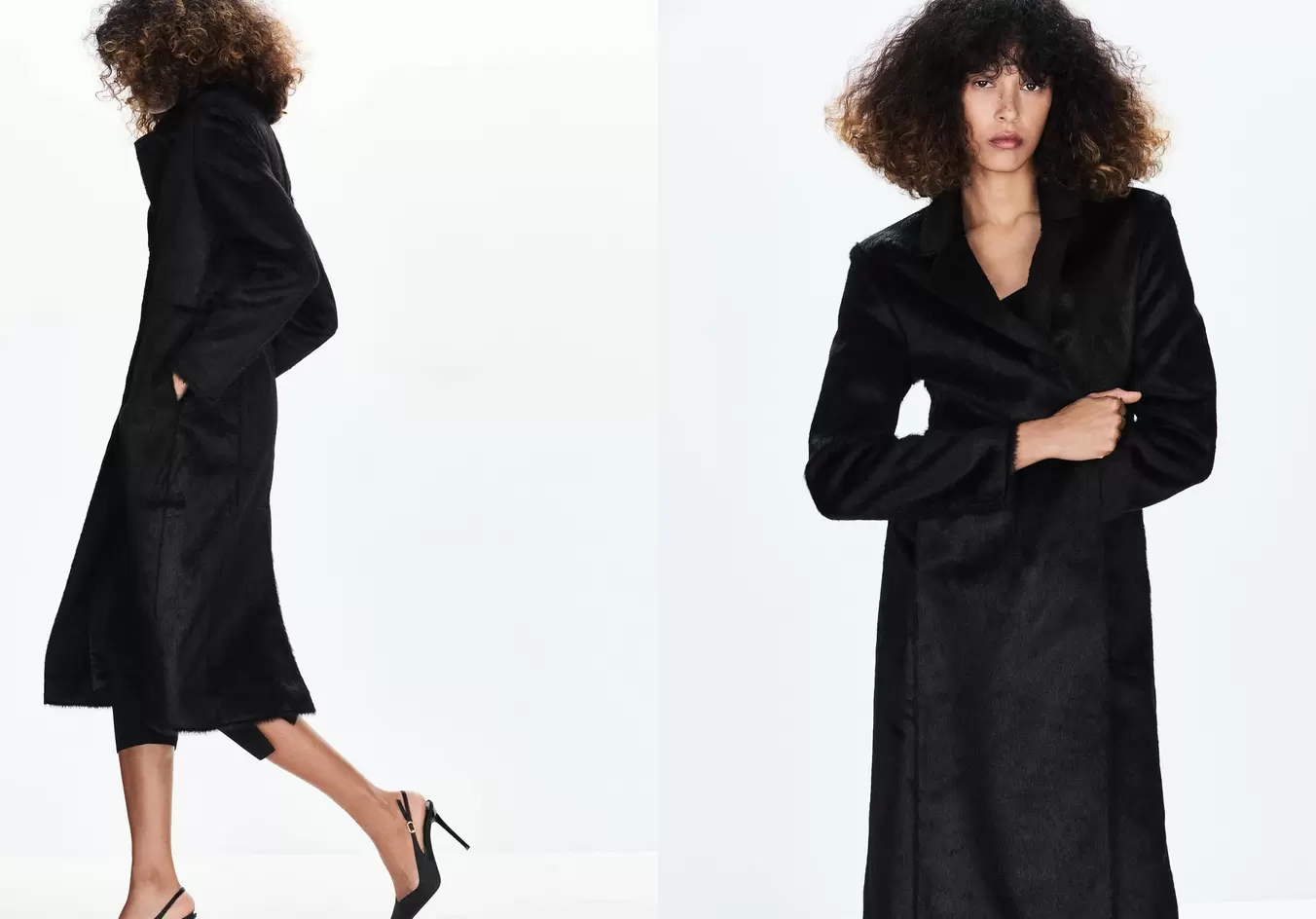 Long black coat with lapel collar in a two-panel panoramic view.
