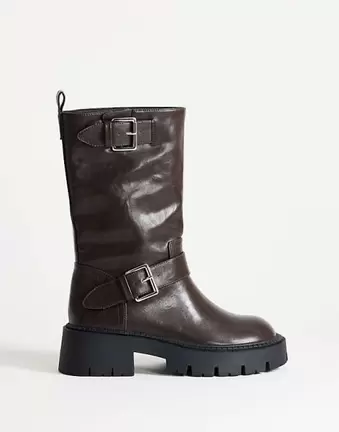 Topshop Lincon chunky mid calf boot with buckles in choc