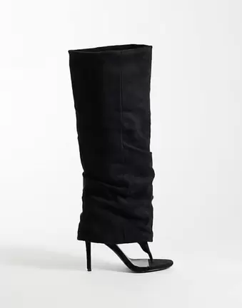 Simmi London Conon ruched foldover knee boots in black suedette