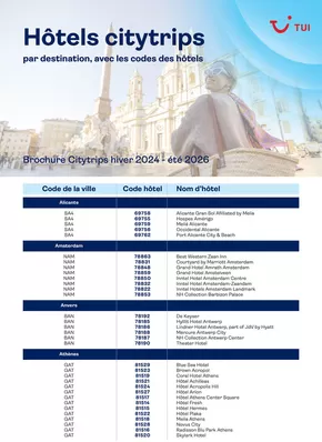 Catalogue TUI | Codes des hôtels citytrips | 2025-09-16T00:00:00.000Z - 2025-09-30T00:00:00.000Z
