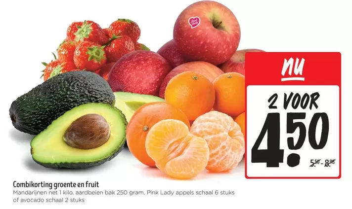 Pink - Handtangerinen net 1 kilo, aardbeien bak 250 gram, Pyra Lady appels school 6 stuks of avocado school 2 stuks