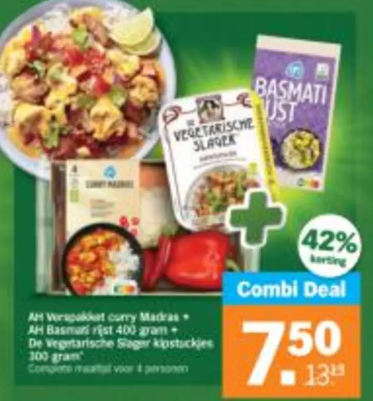 Ah - Verspakket curry Madras, Basmati rijst 400 gram, Vegetarische Slager kipstickjes