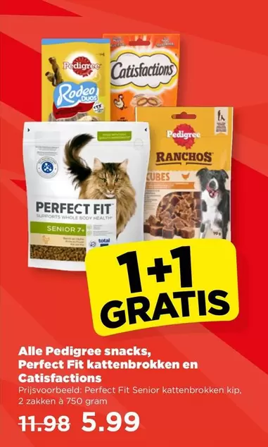 Pedigree -  snacks, Perfect Fit kattenbrokken en Catisfactions
