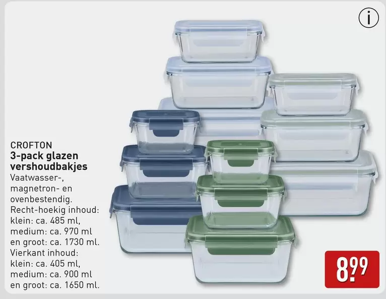 Medium - 3-pack glazen vershoudbakjes