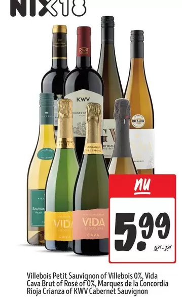 De - Villebois Petit Sauvignon of Villebois 0%, Vida Cava Brut of Rosé of 0%, Marques de la Concordia Rioja Crianza of KWV Cabernet Sauvignon