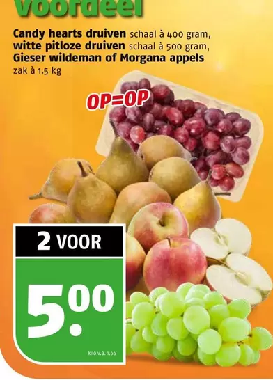 Candy hearts druiven, witte pitloze druiven, Gieser wildeman of Morgana appels