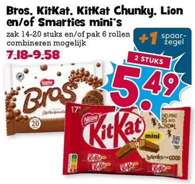 Bros., KitKat, KitKat Chunky, Lion en/of Smarties mini's
