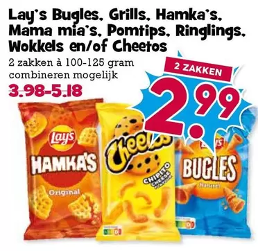 Lay's - Bugles. Grills. Hamka's. Mama mia's. Pomtips. Ringlings. Wokkels en/of Cheetos
