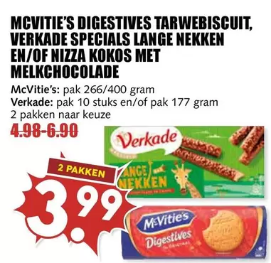 DIGESTIVES TARWEBISCUIT, VERKADE SPECIALS LANGE NEKKEN EN/OF NIZZA KOKOS MET MELKCHOCOLADE