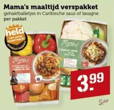 Mama's maaltijd verspakket gehaktballetjes in Caribische saus of lasagne per pakket