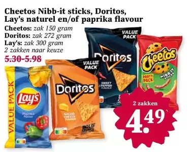 Cheetos -  Nibbits sticks, Doritos, Lay's naturel en/of paprika flavour