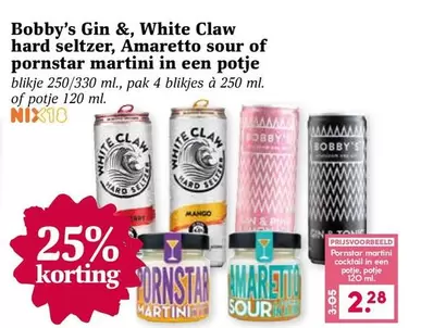 White - Bobby's Gin &  Claw hard seltzer, Amaretto sour of pornstar martini