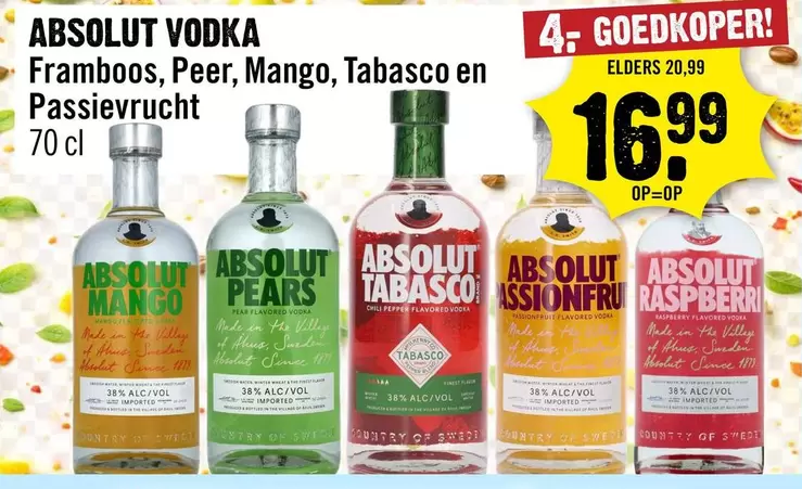 Absolut - VODKA Framboos, Peer, Mango, Tabasco en Passievrucht