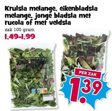 Krulsla melange, eikenbladsla melange, jonge bladsla met rucola of met veldsla