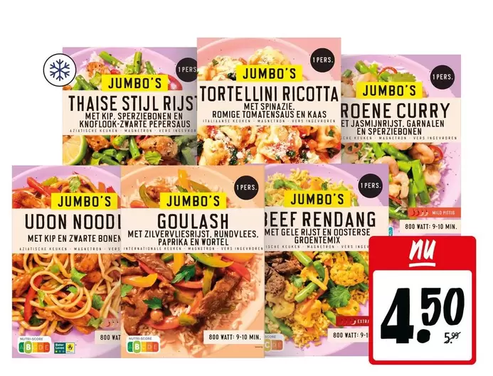 Jumbo - THAISTIJL RIJS, TORTELINI RICOTTA, ROENE CURRY, UDON NOODI, GOULASH, IEEF RENDANG