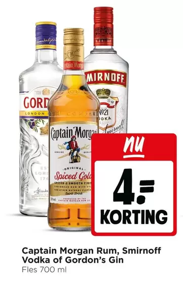 Natural - Captain Morgan Rum, Smirnoff Vodka or Gordon's Gin