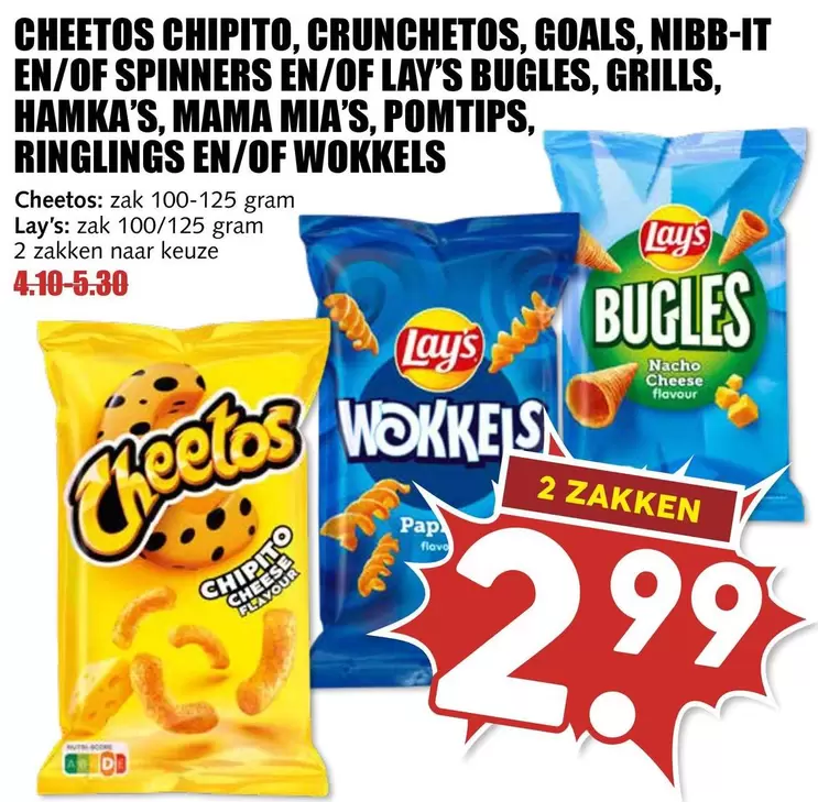 Cheetos - CHIPITO, CRUNCHETOS, GOALS, NIBB-IT EN/OF SPINNERS EN/OF LAY'S BUGLES, GRILLS, HAMKA'S, MAMA MIA'S, POMTIPS, RINGLINGS EN/OF WOKKELS