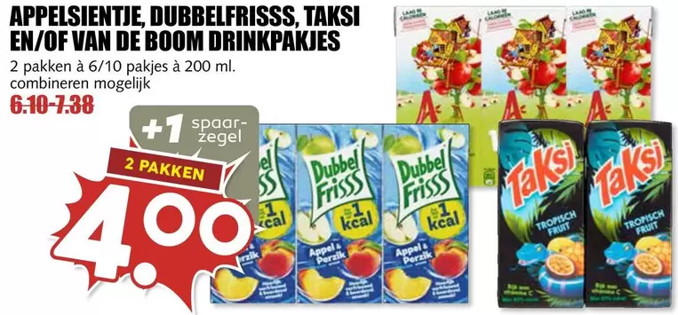 De - Appelsientje, Dubbelfrisss, Taksi en/of Van de Boom drinkpakjes